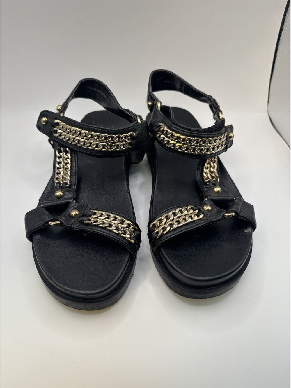 Black Leather Strappy Sandals with Gold Chain Detail
